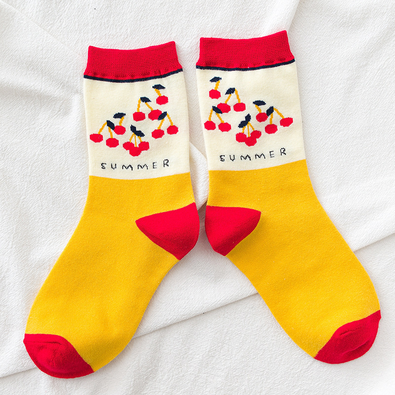 Japanese  Socks Girls Socks Ins Tide Lovely Cherry Solid Color Cotton Socks Cartoon Socks Korean Students